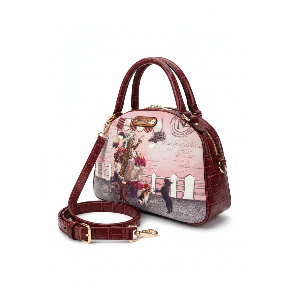Nicole Lee Hollywood USA Satchel Bag Parisian Print Faux Croc Snakeskin Burgundy